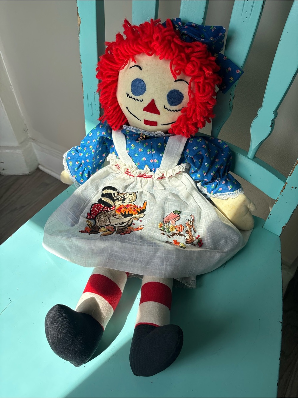 Classic Handmade Raggidy Ann Doll Plush Toy in Red Hair and Blue Dress